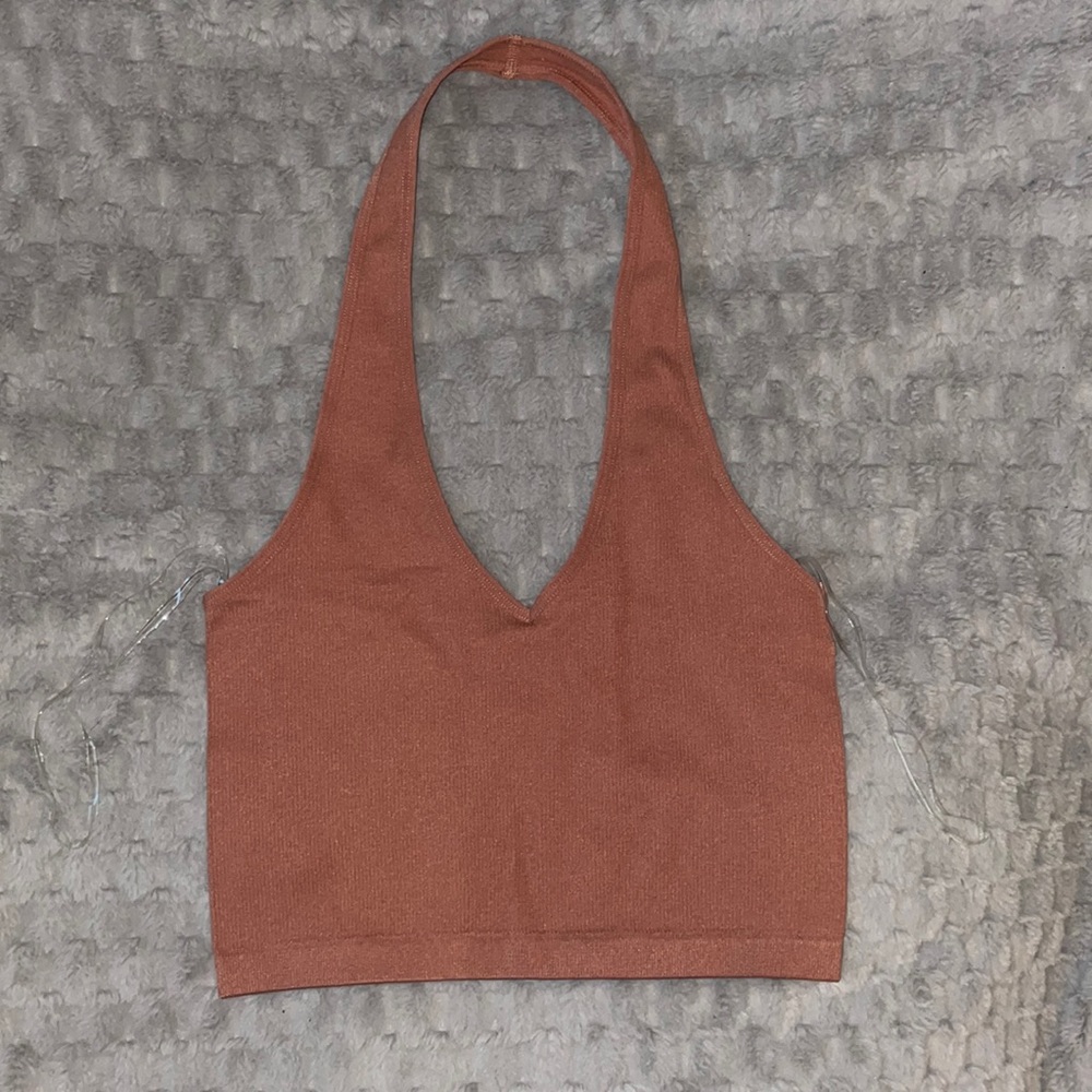 sleeveless Burgundy brown crop top.